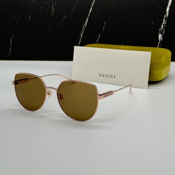 NEW GG1435SA 002 GUCCI GOLD BROWN GEOMETRIC WOMEN GUCCI SUNGLASSES - Picture 1 of 12